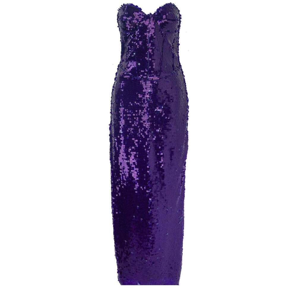 New Arrivals by Ilkyaz Ozel - Purple Sequin Bustier Satin Gown - FR 36